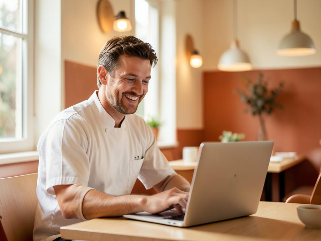 Restaurantejer gennemgår marketing på laptop