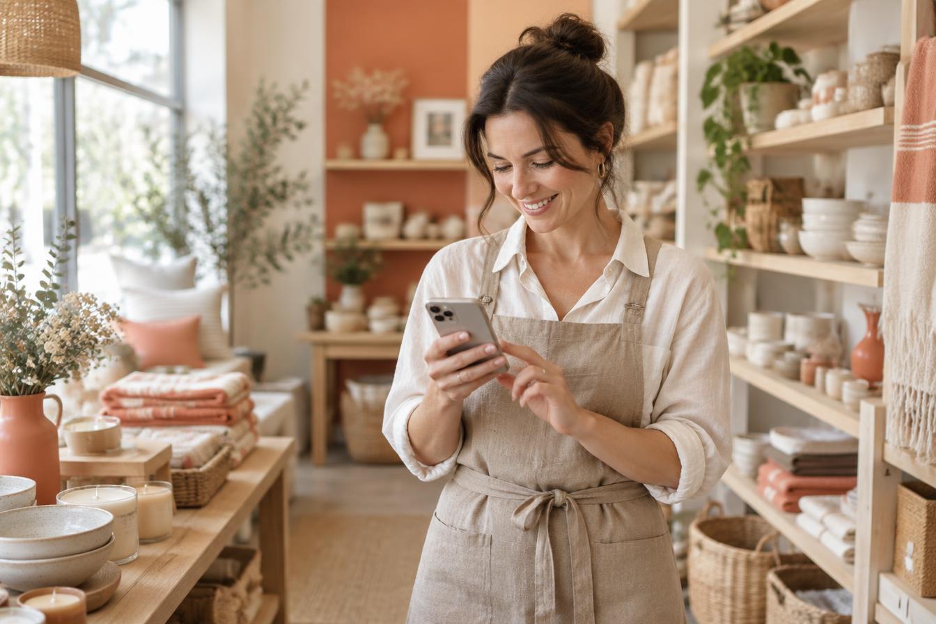Butiksejer der tjekker nye ordrer på sin telefon i sin butik