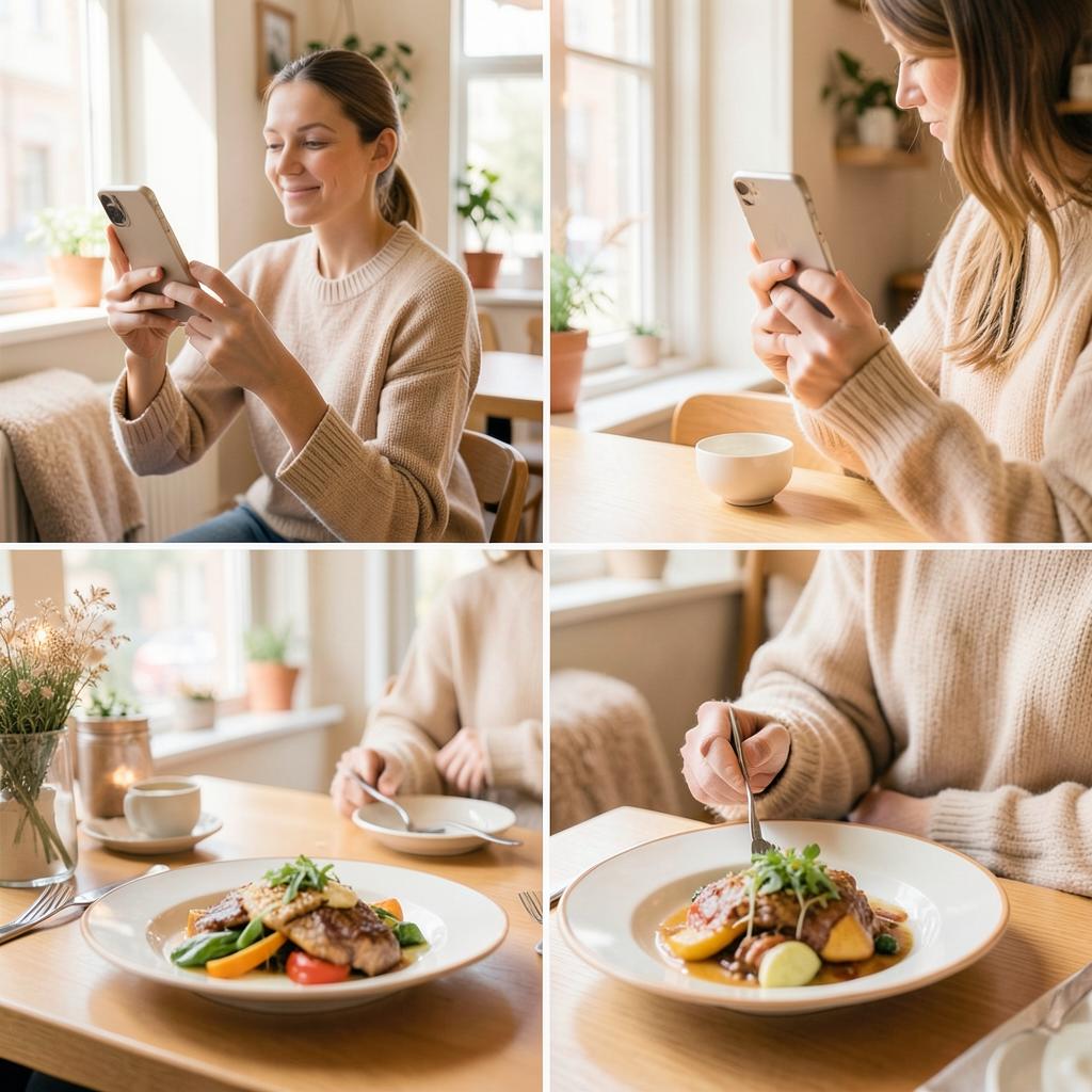 Gæst der søger efter en restaurant på mobilen ved et cafébord