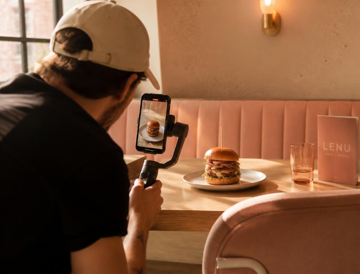Contentproduktion i en restaurant: en burger filmes med mobil på gimbal