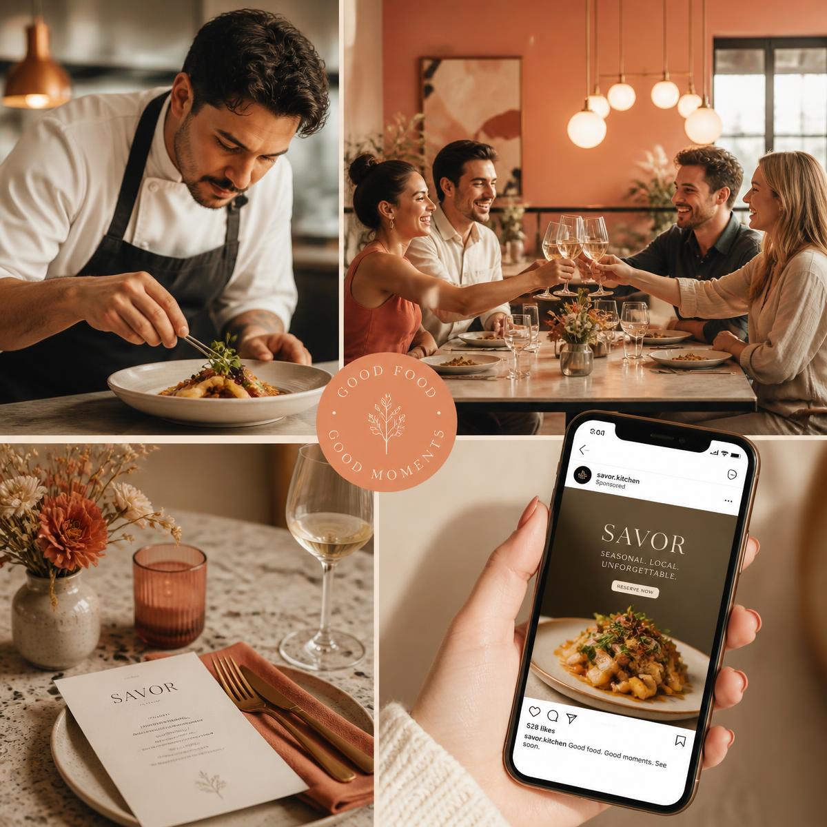 Restaurantcontent til Meta Ads: kok der anretter, gæster der skåler, og en annonce på mobilen