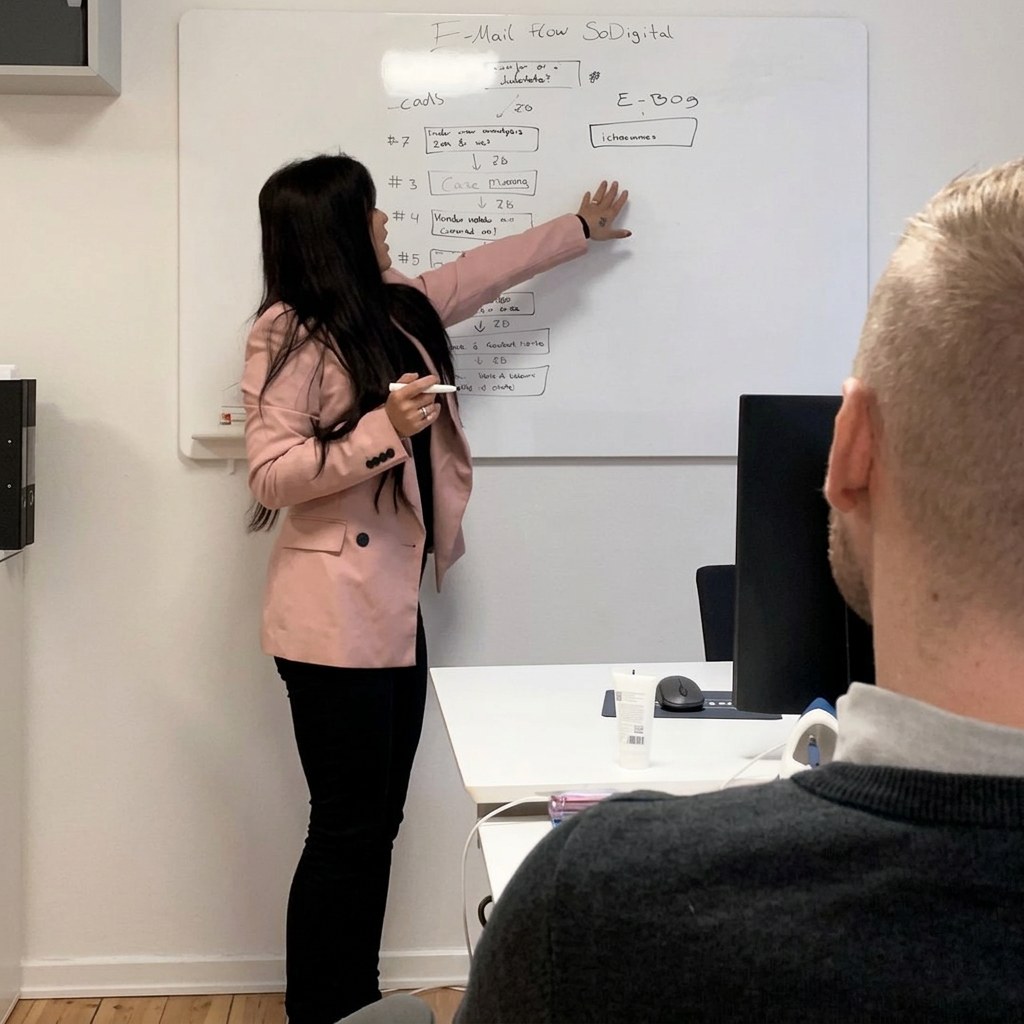 SoDigital i møde, hvor strategien gennemgås på whiteboard