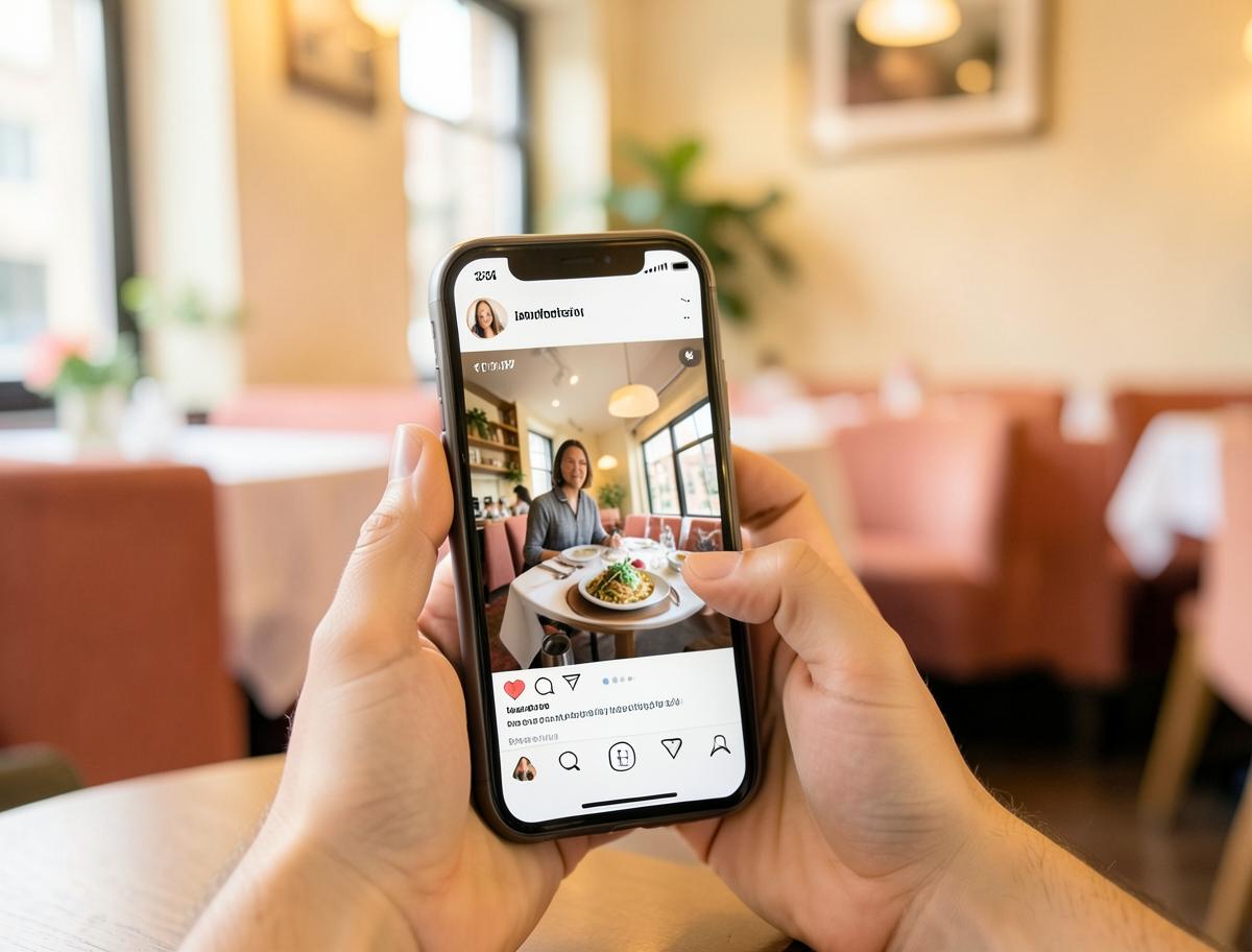 Gæst der ser en restaurants Instagram-profil på mobilen