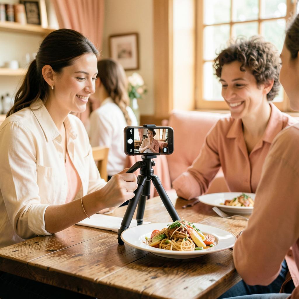 Restaurantmedarbejder optager en video af en anretning med mobil på stativ