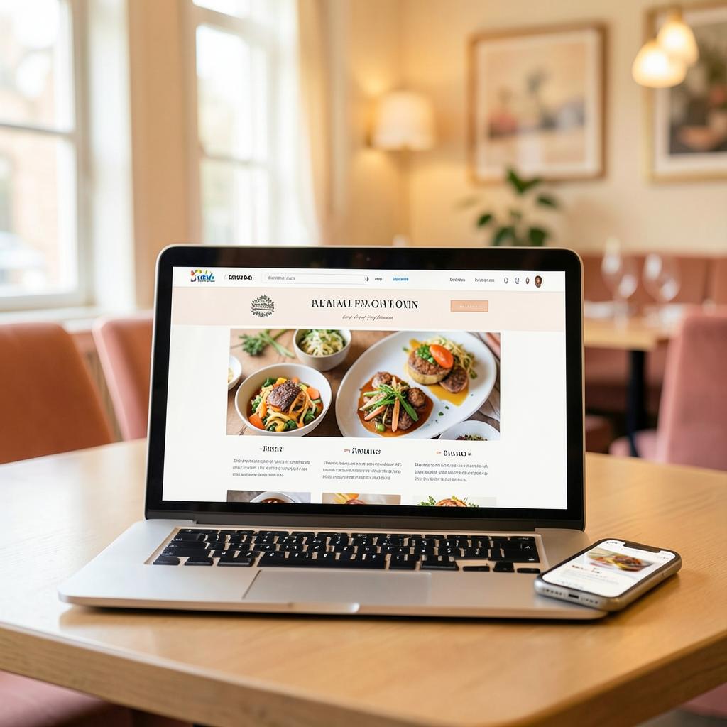Restaurantens hjemmeside vist på en bærbar computer og en mobil i restaurantens lokale