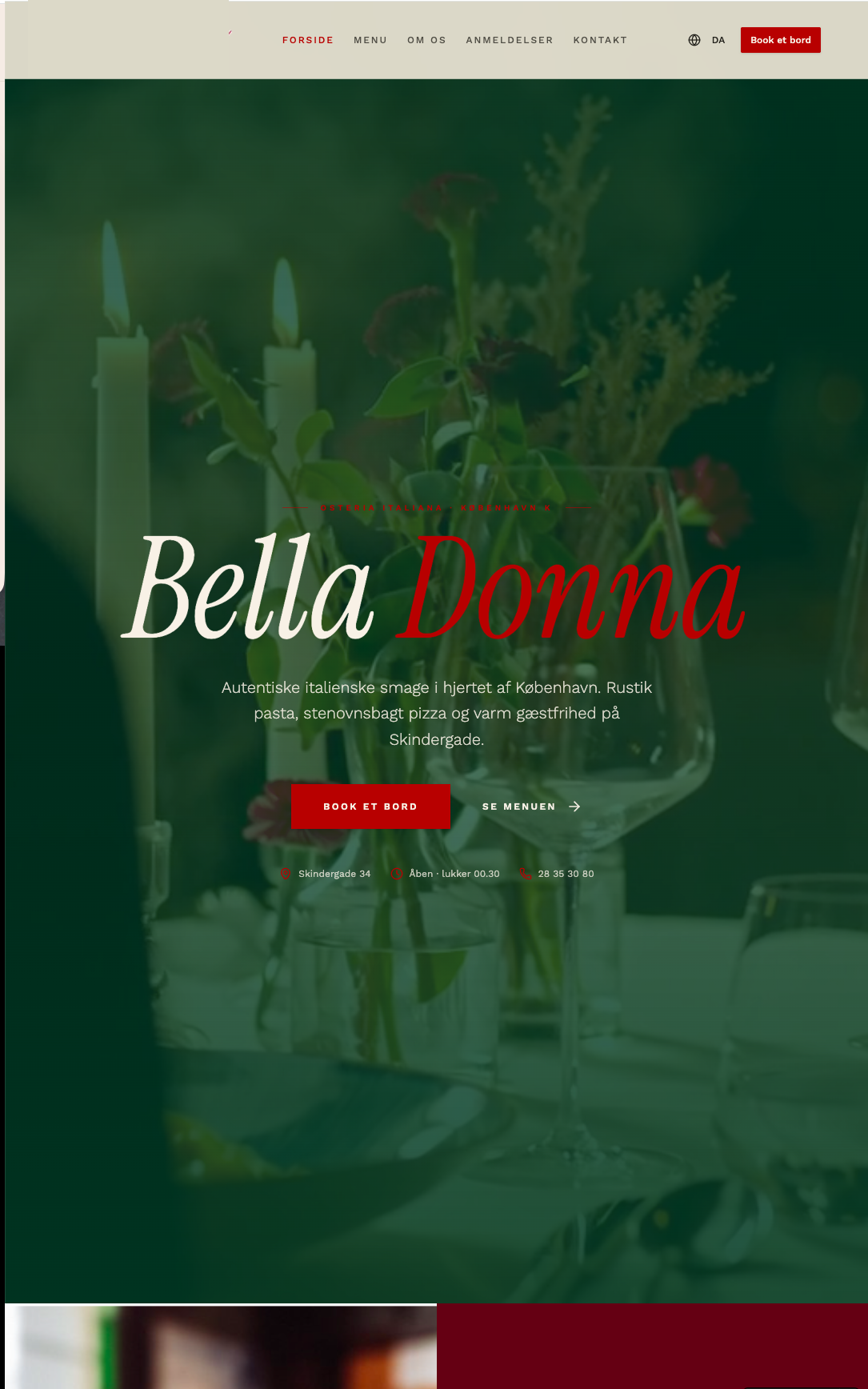Bella Donna, italiensk restaurant i København, med stor overskrift og bookingknap
